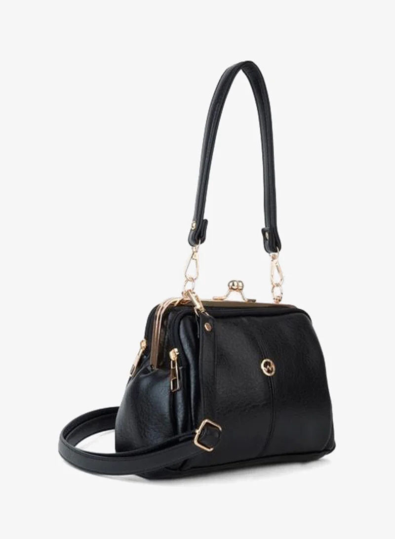 Women's Butterfly Black Gold Accented 4‑Compartment Flap and Zipper Closure Hand, Arm, and Shoulder Bag.