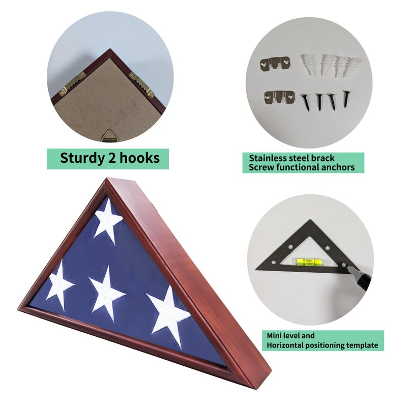 ARRAWIS Durable Flag Display Case - Personalized Tribute, Wall-Mount or Tabletop Clear Glass Front Protects and Displays 5 X 9.5 FT Burial Flag Perfect for Honoring Military Service (Mahogany) - Image 3