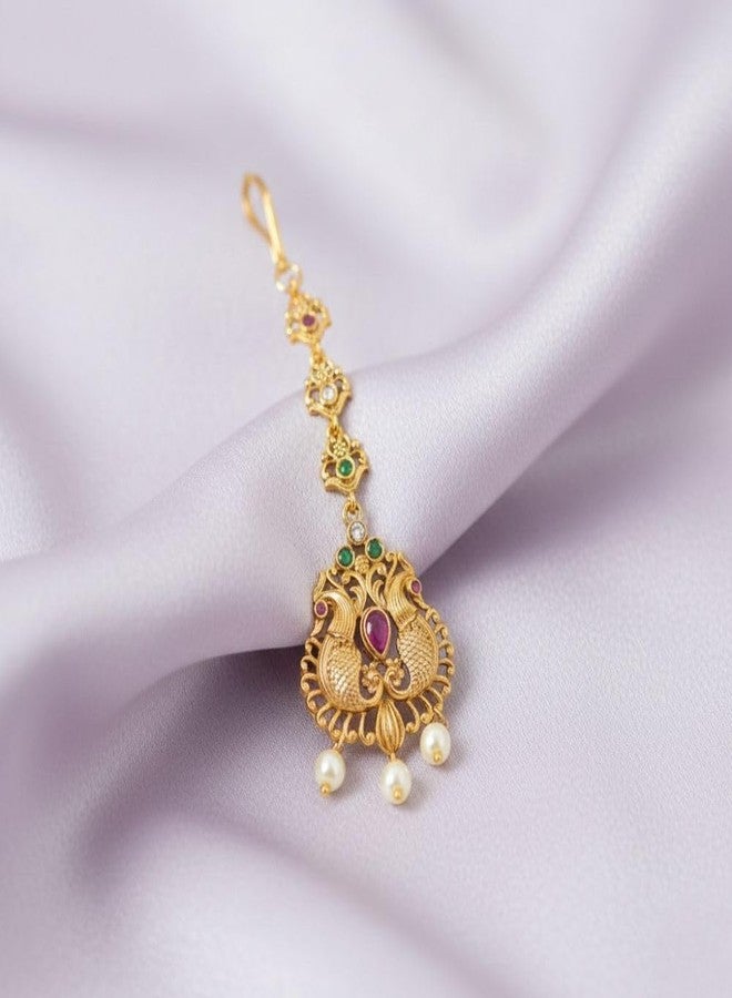 ZEELLO Gold Plated Maang Tikka with Multicolor Stones, Peacock Design, Pearl Drops, Traditional Indian Jewelry - Image 5