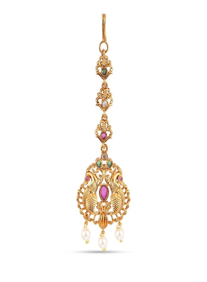ZEELLO Gold Plated Maang Tikka with Multicolor Stones, Peacock Design, Pearl Drops, Traditional Indian Jewelry - Image 2