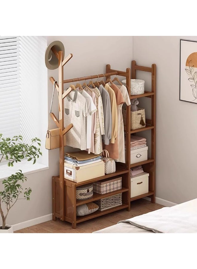 Clothing Rack Bamboo, Garment Rack Coat Rack Multifunctional Bedroom Hanging Rack Clothes Organizer Hat Tree, Wardrobe Storage Shelves with 6 Hooks (100*30*138CM) - Image 1