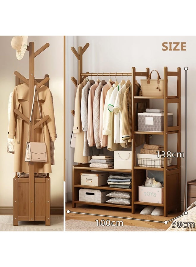 Clothing Rack Bamboo, Garment Rack Coat Rack Multifunctional Bedroom Hanging Rack Clothes Organizer Hat Tree, Wardrobe Storage Shelves with 6 Hooks (100*30*138CM) - Image 3