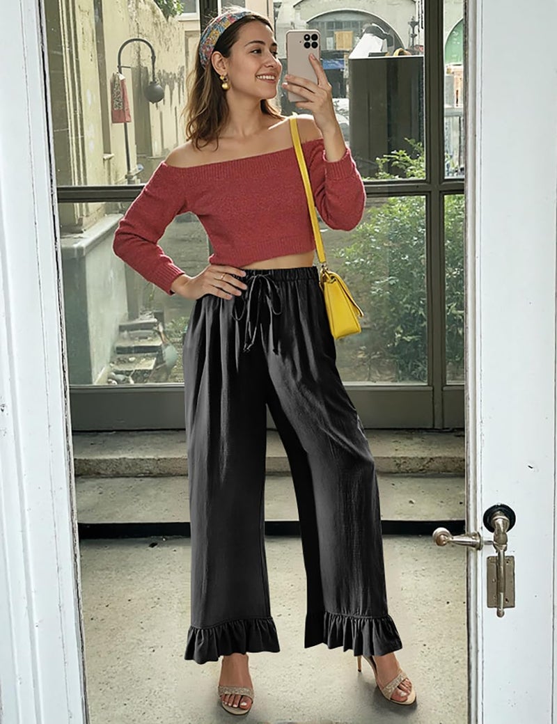 TARSE Womenâ€™s Linen Casual Pants Flared Leg Wide Leg Drawstring Ruffle Harem Palazzo Pants with Pockets(Black,XL) - Image 3