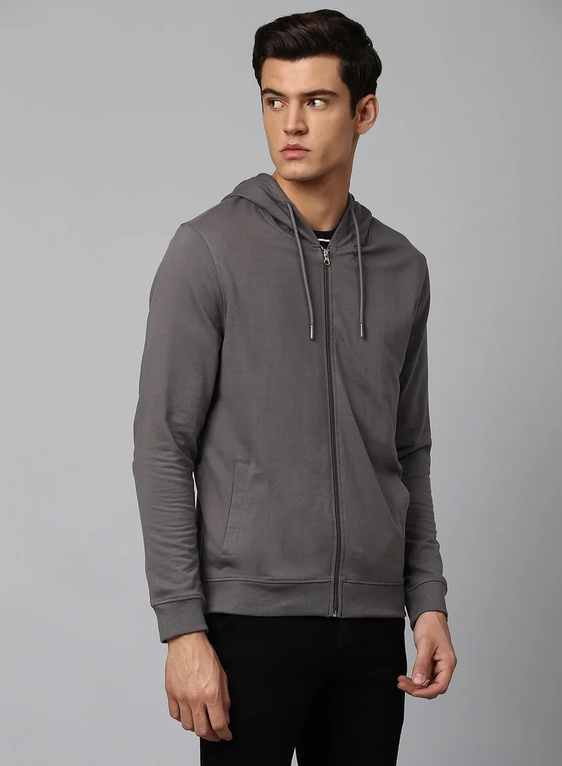 Regular Fit Dark Grey Sweatshirt for Men - Polycotton, Solid, Hooded, Full Sleeves, Knitted Fabric