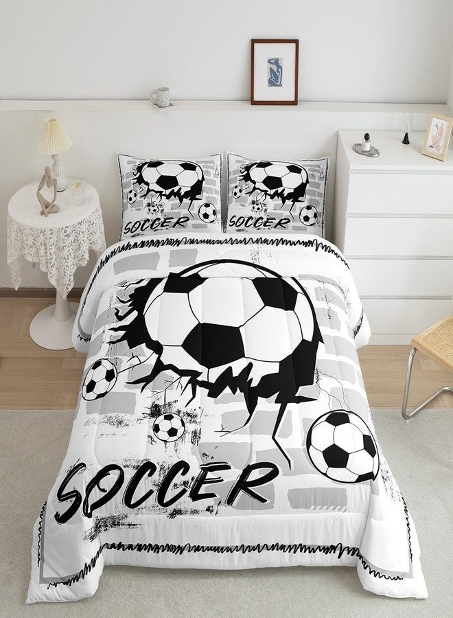 Feelyou Football Comforter Set Twin Size Kids Soccer Sports Comforter for Boys Girls Teens Ball Game Bedding Set Breathable World Cup Black White Ball Duvet Set Room Decor Quilt Set - Image 1