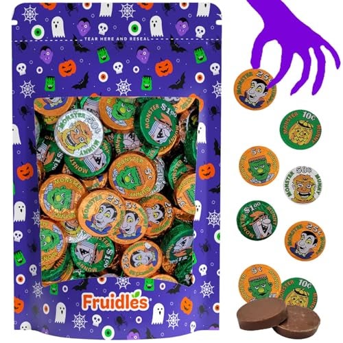 Fruidles Halloween Monster Money Coins Munny, Trick-Or-Treat Party Bag Fillers, Individually Wrapped in Orange, Green, Silver Coin Design Foils, Kosher Certified Dairy (Half-Pound) - Image 1
