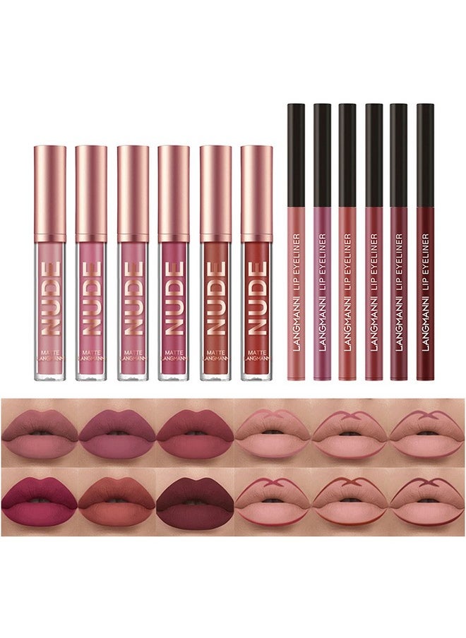 Bestland BestLand 12Pcs Matte Liquid Lipstick + Lip Liner Pens Set, One Step Lips Makeup Kits Pigment Velvety Nude Lip Stain Waterproof Long Wear Lip Gloss Make up Gift Set (Set A)  - Image 2
