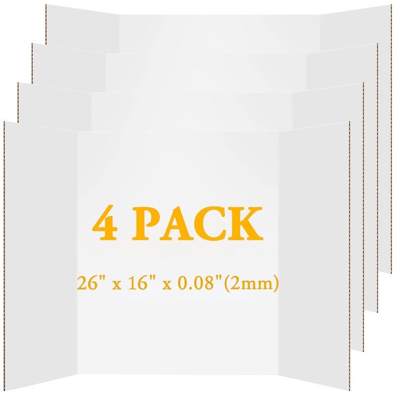 AKONEGE 4Pcs Medium Trifold Poster Board, 26 x 16 Inches White Tri Fold Poster Boards Corrugated Presentation Cardboards for Science Fair, School Projects, Exhibitions, and Business Presentations - Image 1