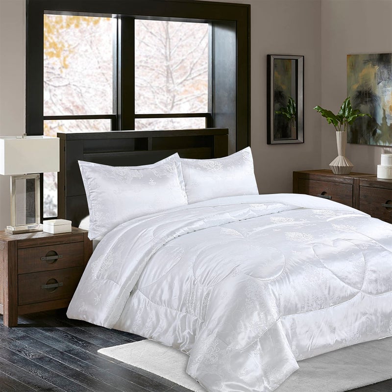 RaytrueX Queen Comforter Set  All Season Bed Comforter Set 3 Piece Satin Silk Blanket Luxury White Jacquard Quilt Soft Bedding Sets With Matching 2 Pillow Shams FullQueen 88x88 inches