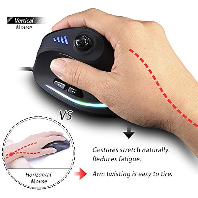 ZELOTES ERGONOMIC GAMING MOUSE WITH JOYSTICK,10000 DPI(6-LEVEL ADJUSTABLE),11 PROGRAMMABLE BUTTONS,RGB LIGHTING, USB OPTICAL WIRED VERTICAL MOUSE FOR OFFICE/GAMING/LAPTOP/PC (BLACK) - Image 3