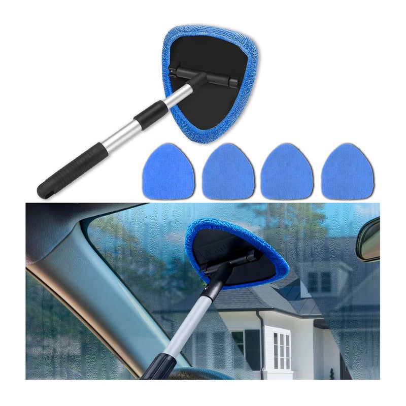Couslcd Windshield Cleaner Tool Portable Car Interior Window Cleaning Kit with Extendable Handle 4 Microfiber Towel Pads Auto Glass Wiper for Windshield Universal for RV SUV Truck Blue - Image 3