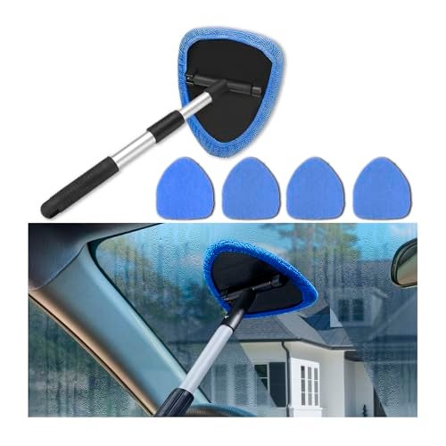 Couslcd Windshield Cleaner Tool Portable Car Interior Window Cleaning Kit with Extendable Handle 4 Microfiber Towel Pads Auto Glass Wiper for Windshield Universal for RV SUV Truck Blue - Image 1