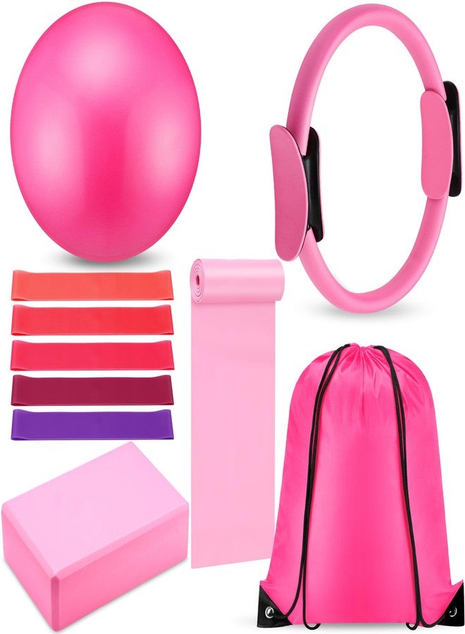 Silipull 10 Pcs Pilates Ring Blocks Set for Women Home Yoga Equipment Accessories Pilates Ring Circle and Ball Workouts Gift Include Ball Yoga Circle Resistance Bands Block Straps Gym Bag(Pink) - Image 1