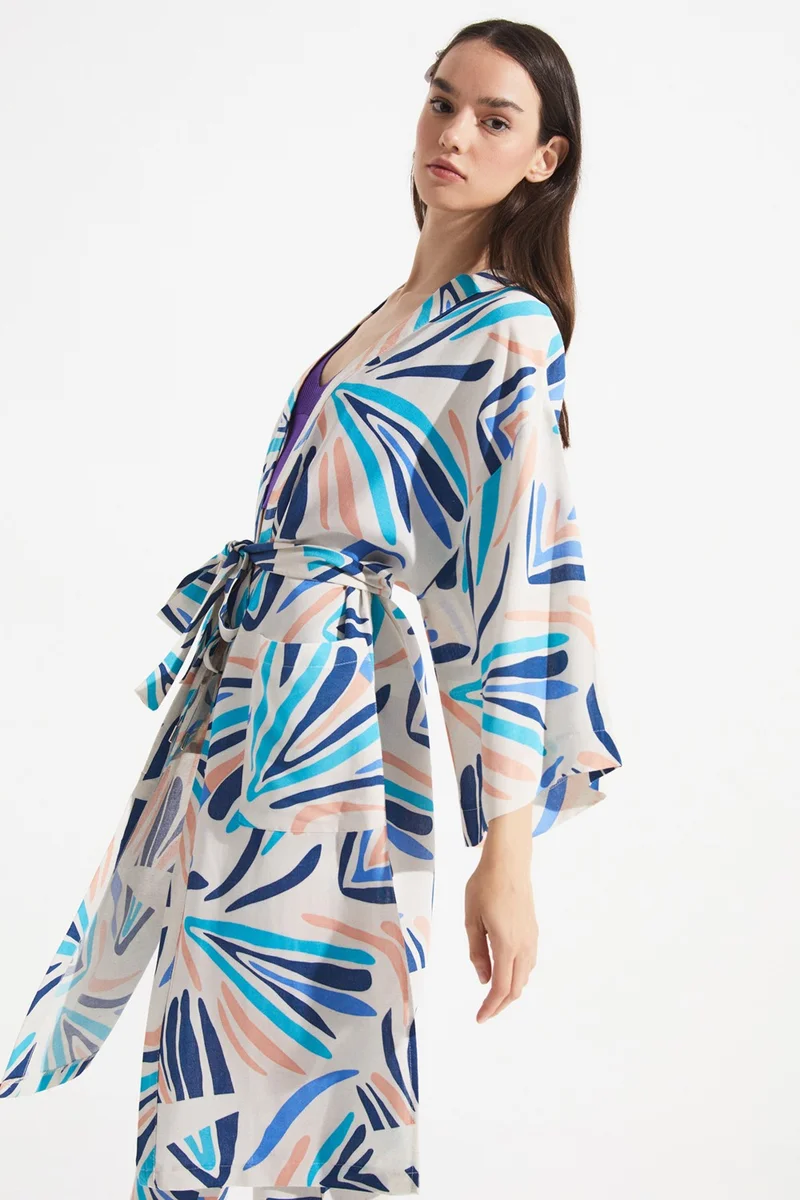 JUNE Women's Exclusive Patterned Linen Blend Woven Kimono&Caftan