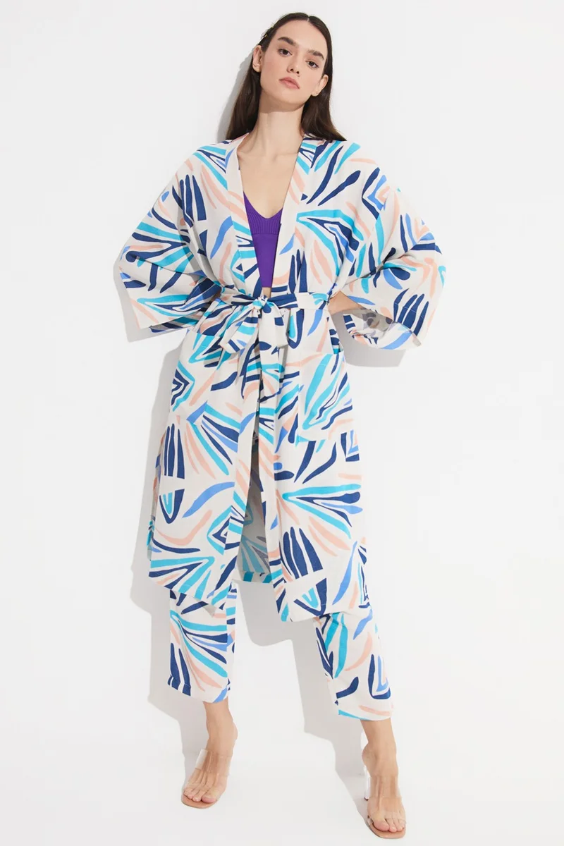 JUNE Women's Exclusive Patterned Linen Blend Woven Kimono&Caftan