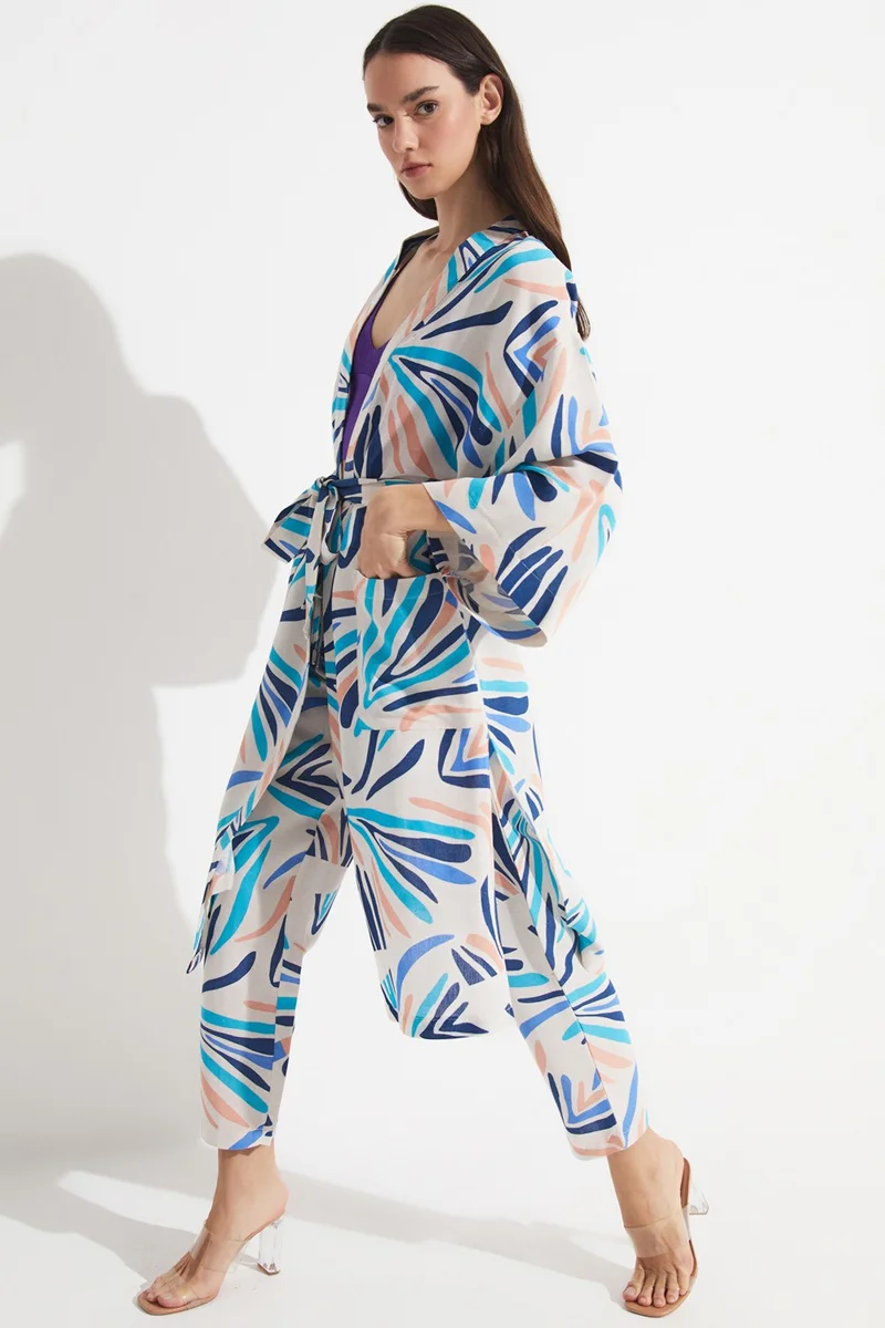 JUNE Women's Exclusive Patterned Linen Blend Woven Kimono&Caftan
