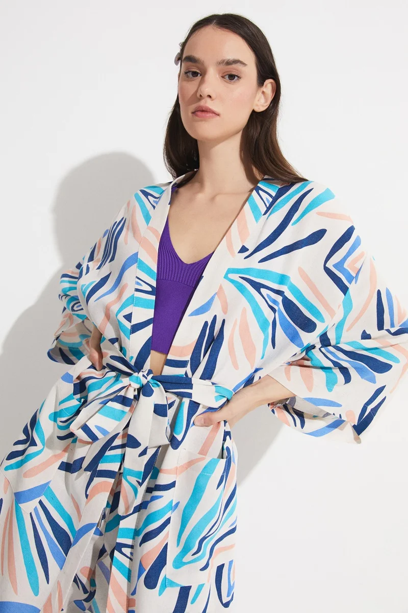 JUNE Women's Exclusive Patterned Linen Blend Woven Kimono&Caftan
