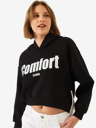 Bianco Lucci LUCCI Hooded Oversized Crop Sweatshirt with Pompom
