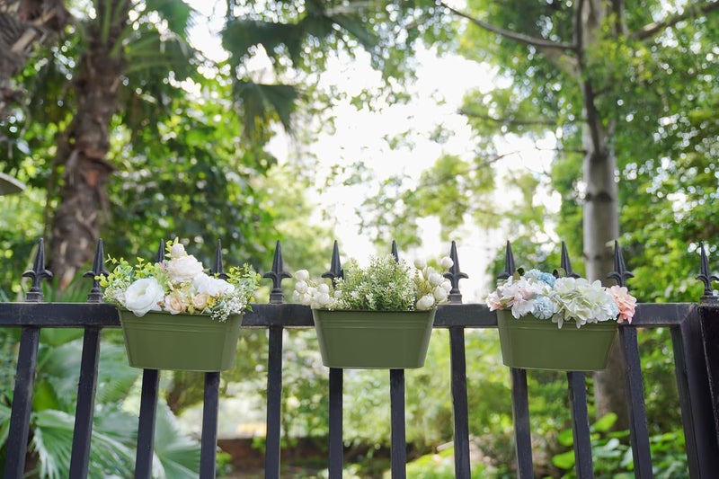 Dahey 10.5 Inch Metal Iron Hanging Flower Pots for Railing Fence Hanging Bucket Pots Countryside Style Outdoor Planter Window Flower Plant Holder with Detachable Hooks Home Decor,Green,3 Pcs - Image 4