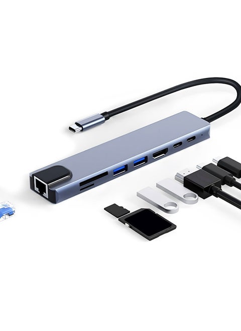 8-in-1 Docking Station Multi-function USB-C HUB with USB (2.0/3.0/C), HDTV, SD/TF Card Reader, PD Charging, Ethernet Port, for Phone, Computer