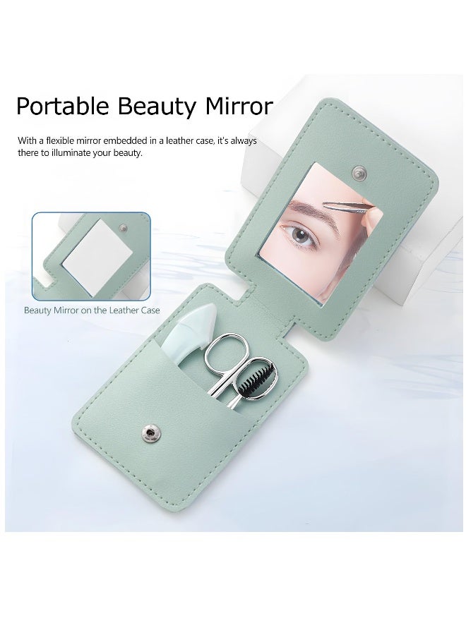 Generic Eyebrow Trimmer Kit, 5-in-1 Set with Eyebrow Scissors, Eyebrow Razor, Tweezer, Brush, and Mirror for Women, Includes Leather Carry-Around Bag, Green  - Image 4
