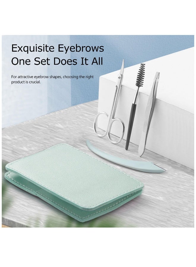 Generic Eyebrow Trimmer Kit, 5-in-1 Set with Eyebrow Scissors, Eyebrow Razor, Tweezer, Brush, and Mirror for Women, Includes Leather Carry-Around Bag, Green  - Image 2