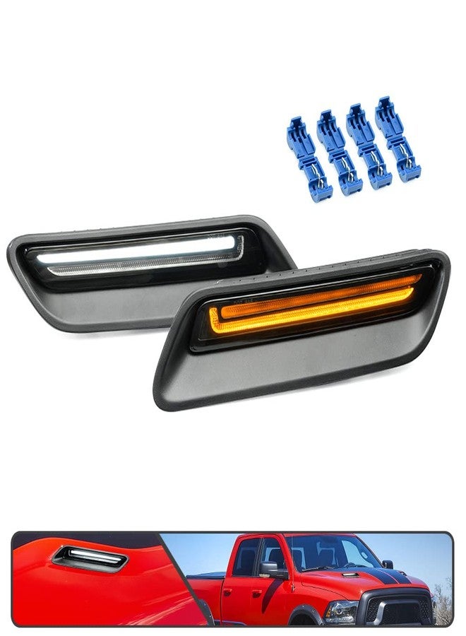 Mingrui test 2Pcs White&Amber LED Hood Scoop Light for 2010-2018 Ram 1500 Sport Hood Air Flow Vent Grille Lamp with DRL Turn Signal Lights Functions Smoked Lens - Image 3