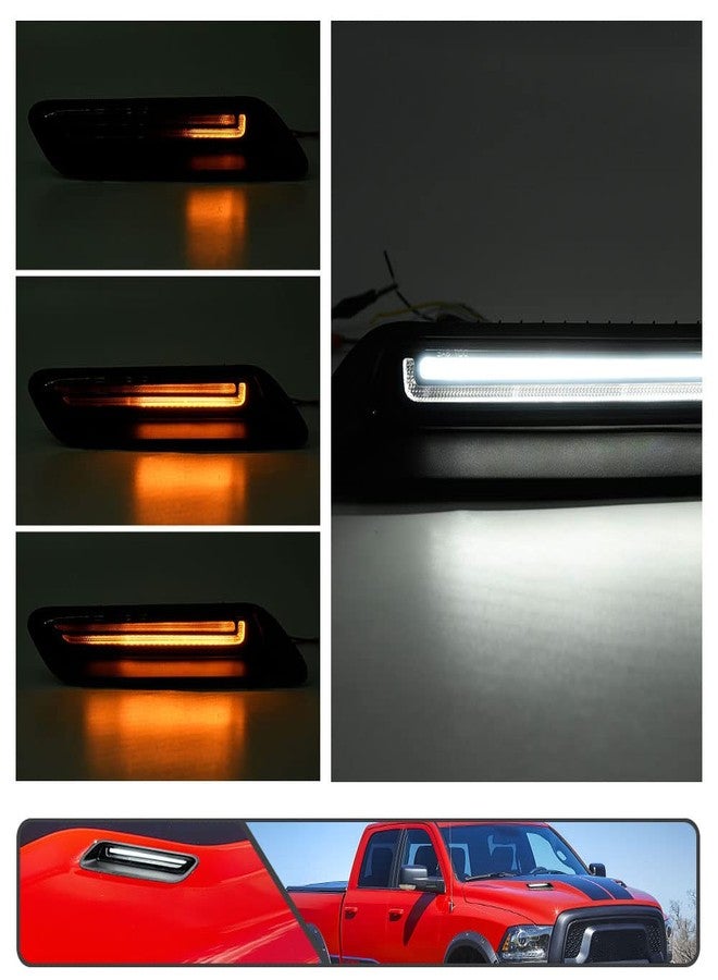 Mingrui test 2Pcs White&Amber LED Hood Scoop Light for 2010-2018 Ram 1500 Sport Hood Air Flow Vent Grille Lamp with DRL Turn Signal Lights Functions Smoked Lens - Image 2