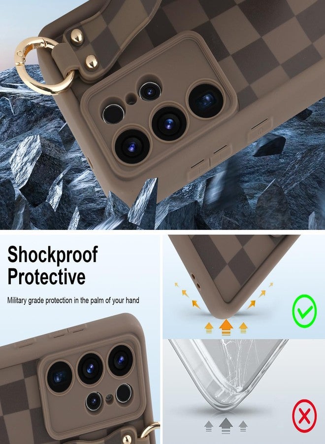 أو أو كيه جراب OOK متوافق مع هاتف سامسونج جالاكسي S25 ألترا بنقشة مربعات، مزود بحزام للمعصم، غطاء واقٍ من مادة TPU بني اللون بنقشة مربعات، مقاوم للصدمات، نحيف، مع حماية للكاميرا، مناسب للنساء والفتيات، مقاس 6.9 بوصة - Image 3
