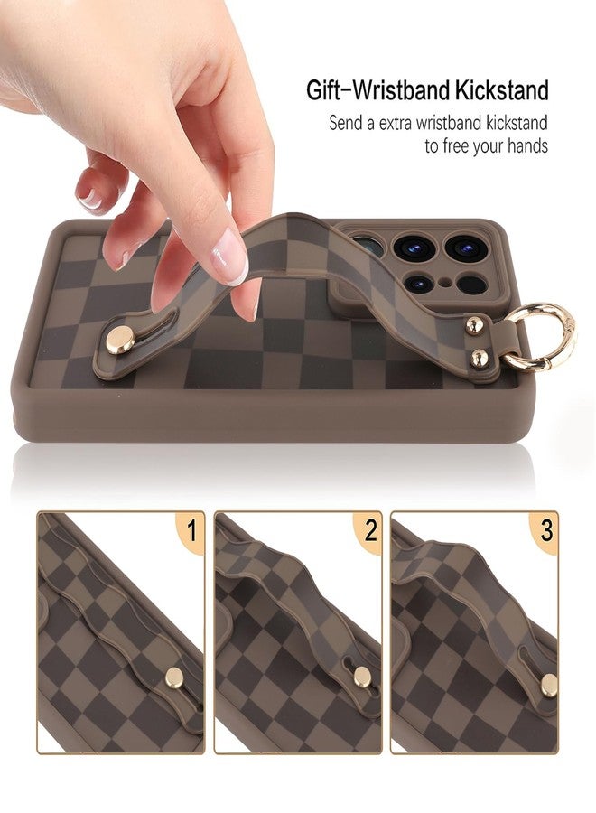 أو أو كيه جراب OOK متوافق مع هاتف سامسونج جالاكسي S25 ألترا بنقشة مربعات، مزود بحزام للمعصم، غطاء واقٍ من مادة TPU بني اللون بنقشة مربعات، مقاوم للصدمات، نحيف، مع حماية للكاميرا، مناسب للنساء والفتيات، مقاس 6.9 بوصة - Image 2