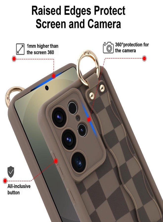 أو أو كيه جراب OOK متوافق مع هاتف سامسونج جالاكسي S25 ألترا بنقشة مربعات، مزود بحزام للمعصم، غطاء واقٍ من مادة TPU بني اللون بنقشة مربعات، مقاوم للصدمات، نحيف، مع حماية للكاميرا، مناسب للنساء والفتيات، مقاس 6.9 بوصة - Image 4