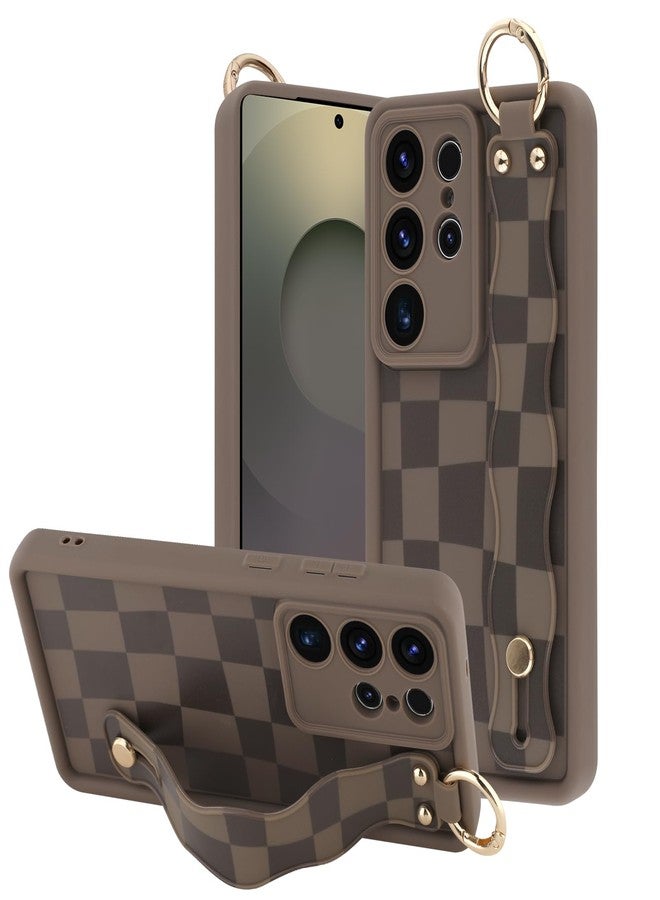 أو أو كيه جراب OOK متوافق مع هاتف سامسونج جالاكسي S25 ألترا بنقشة مربعات، مزود بحزام للمعصم، غطاء واقٍ من مادة TPU بني اللون بنقشة مربعات، مقاوم للصدمات، نحيف، مع حماية للكاميرا، مناسب للنساء والفتيات، مقاس 6.9 بوصة - Image 1