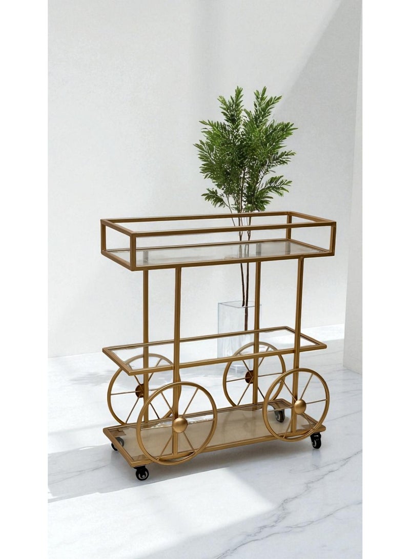 fan baytk Three-tiered gold serving cart with shatter-resistant clear glass - luxurious cycle design, 90 x 35 x 85 cm, a mobile elegance that suits your private and public occasions.  - Image 2