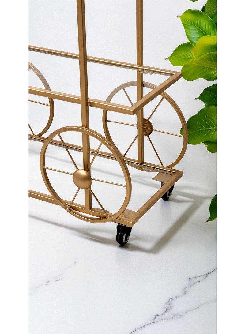 fan baytk Three-tiered gold serving cart with shatter-resistant clear glass - luxurious cycle design, 90 x 35 x 85 cm, a mobile elegance that suits your private and public occasions.  - Image 4
