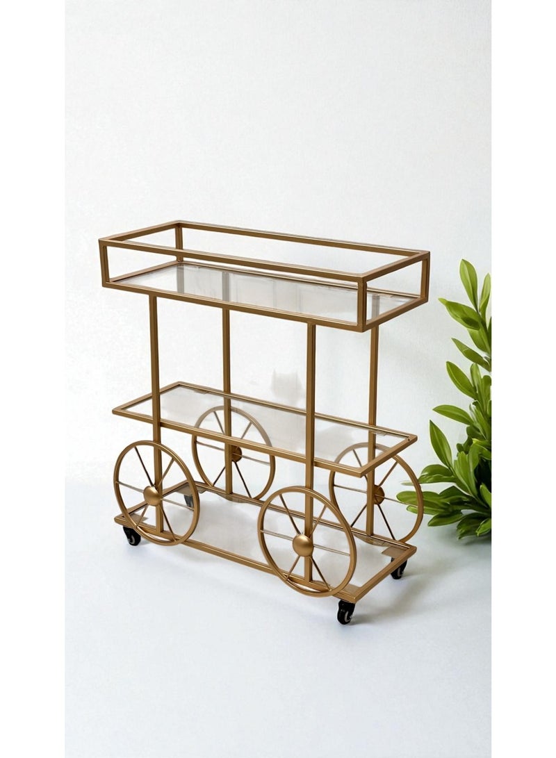 fan baytk Three-tiered gold serving cart with shatter-resistant clear glass - luxurious cycle design, 90 x 35 x 85 cm, a mobile elegance that suits your private and public occasions.  - Image 1
