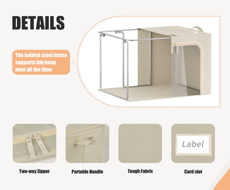 Furnhome 3 Opeings Large Clothes Storage Bins with Metal Frame, Foldable Storage Bin for Clothes, Clothing Storage Bins with Lid, Linen Storage Box With Clear Windowï¼† Zippersï¼† Durable Handles.(3 Pcs,Beige,66L) - Image 4