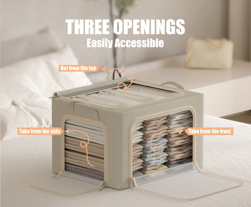Furnhome 3 Opeings Large Clothes Storage Bins with Metal Frame, Foldable Storage Bin for Clothes, Clothing Storage Bins with Lid, Linen Storage Box With Clear Windowï¼† Zippersï¼† Durable Handles.(3 Pcs,Beige,66L) - Image 3