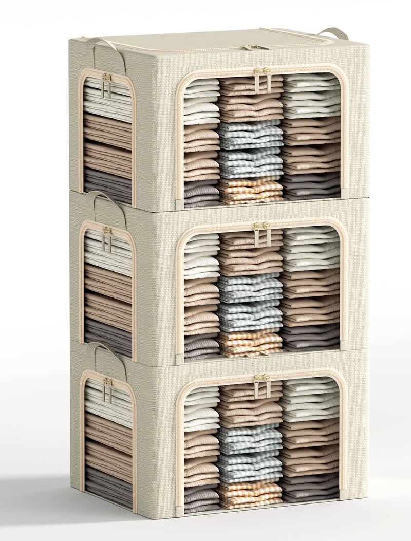 Furnhome 3 Opeings Large Clothes Storage Bins with Metal Frame, Foldable Storage Bin for Clothes, Clothing Storage Bins with Lid, Linen Storage Box With Clear Windowï¼† Zippersï¼† Durable Handles.(3 Pcs,Beige,66L) - Image 1