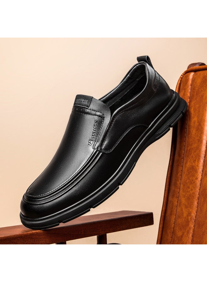 15MINS Top-grain Leather】comfortable Slip-on Men's Shoes In Solid Color With Round Toe, Simple And Lightweight For Business And Casual Wear - Image 3