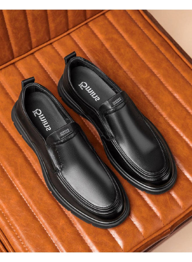 15MINS Top-grain Leather】comfortable Slip-on Men's Shoes In Solid Color With Round Toe, Simple And Lightweight For Business And Casual Wear - Image 1