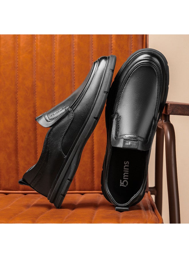 15MINS Top-grain Leather】comfortable Slip-on Men's Shoes In Solid Color With Round Toe, Simple And Lightweight For Business And Casual Wear - Image 2