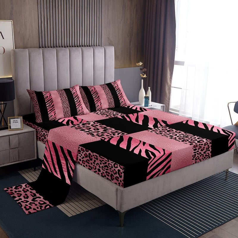 Pink Leopard Print Kids Sheet Full SizeZebra Skin Texture Bedding SetGirls Boys Adults Room DecorAbstract Animals Skin Stripes Fashion Romantic Bed Sheet Set 4pcsFitted  Flat  2 Pillowcases