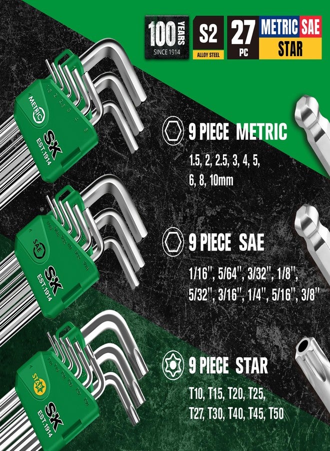 اس كي كي طقم مفاتيح ألين SK مكون من 27 قطعة، متري/SAE/نجمي، سداسي الشكل، على شكل حرف L، فولاذ S2 - Image 3