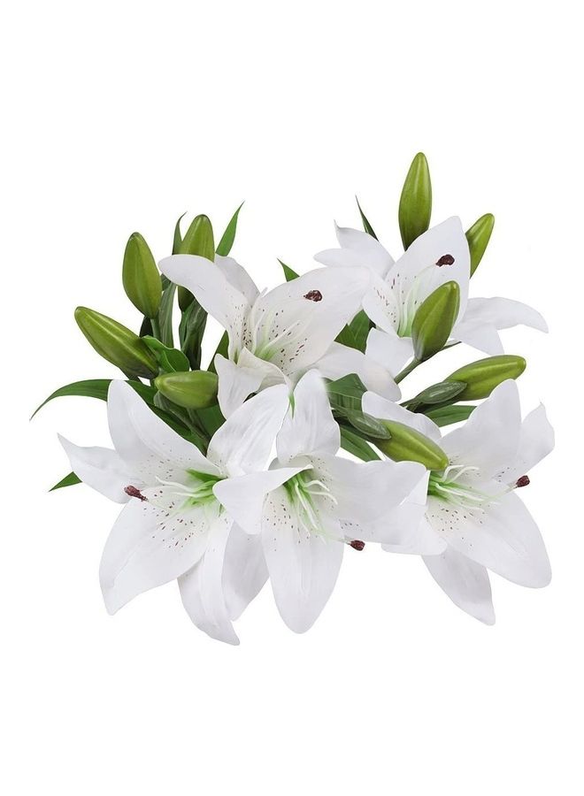 5 Pcs Artificial Lily with 3 Buds Full Bloom Real Touch Latex Flowers White - Image 2