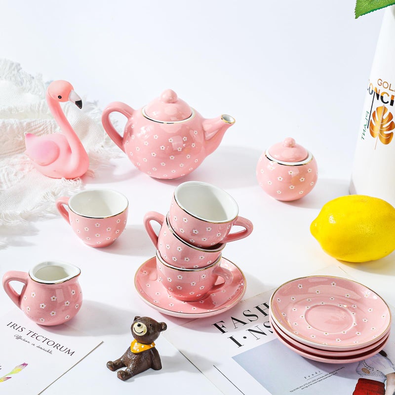CHENP.HMC Tea Party Set for Little Girls, 13 Piece Sets Kids Tin Tea Party with Cups, Saucers, Plates & Serving Trays, Girls Birthday Gift (Pastel Polka Dots) - Image 3