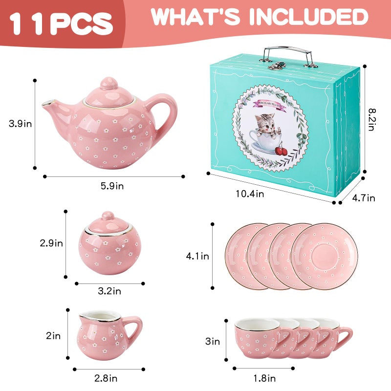 CHENP.HMC Tea Party Set for Little Girls, 13 Piece Sets Kids Tin Tea Party with Cups, Saucers, Plates & Serving Trays, Girls Birthday Gift (Pastel Polka Dots) - Image 4