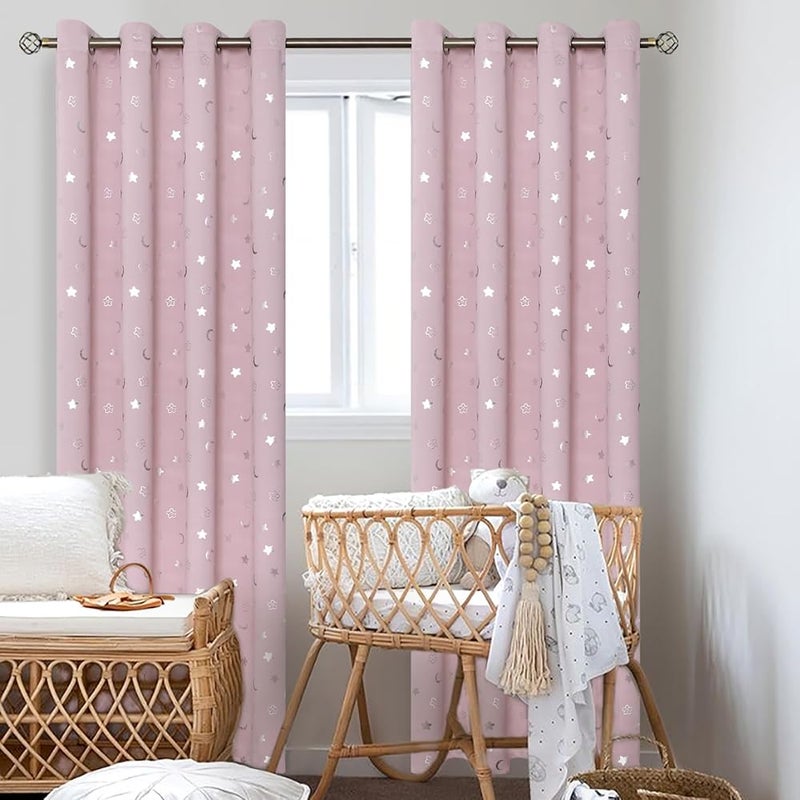 BGment Pink Curtains for Girls Bedroom 84 Inch Long, Star and Moon Blackout Curtains for Kids Room, Room Darkening Thermal Insulated Window Grommet Curtains for Nursery, 52 Wide, 2 Panels, Light Pink - Image 2