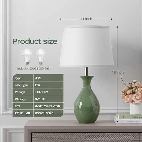 PARTPHONER Table Lamp Set of 2, Modern Ceramic Bedside Lamps for Night Stands, Classic Small Lamp Nightstand Lamp for Bedroom Living Room Desk End Table Rocker Swtich Sage Green - Image 2