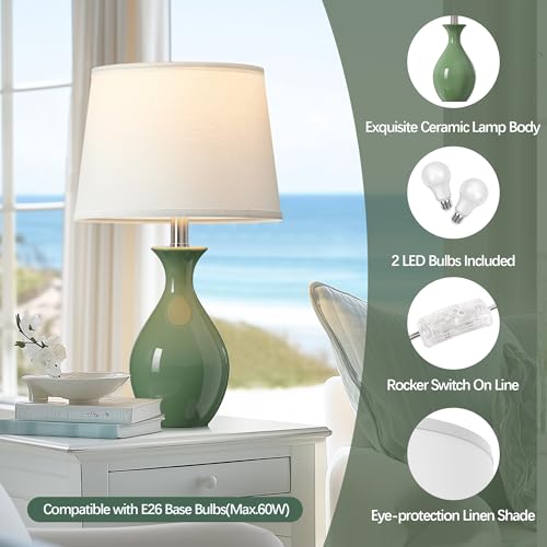 PARTPHONER Table Lamp Set of 2, Modern Ceramic Bedside Lamps for Night Stands, Classic Small Lamp Nightstand Lamp for Bedroom Living Room Desk End Table Rocker Swtich Sage Green - Image 3