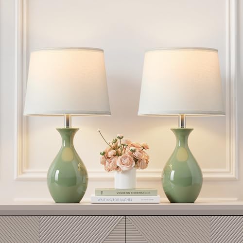 PARTPHONER Table Lamp Set of 2, Modern Ceramic Bedside Lamps for Night Stands, Classic Small Lamp Nightstand Lamp for Bedroom Living Room Desk End Table Rocker Swtich Sage Green - Image 1
